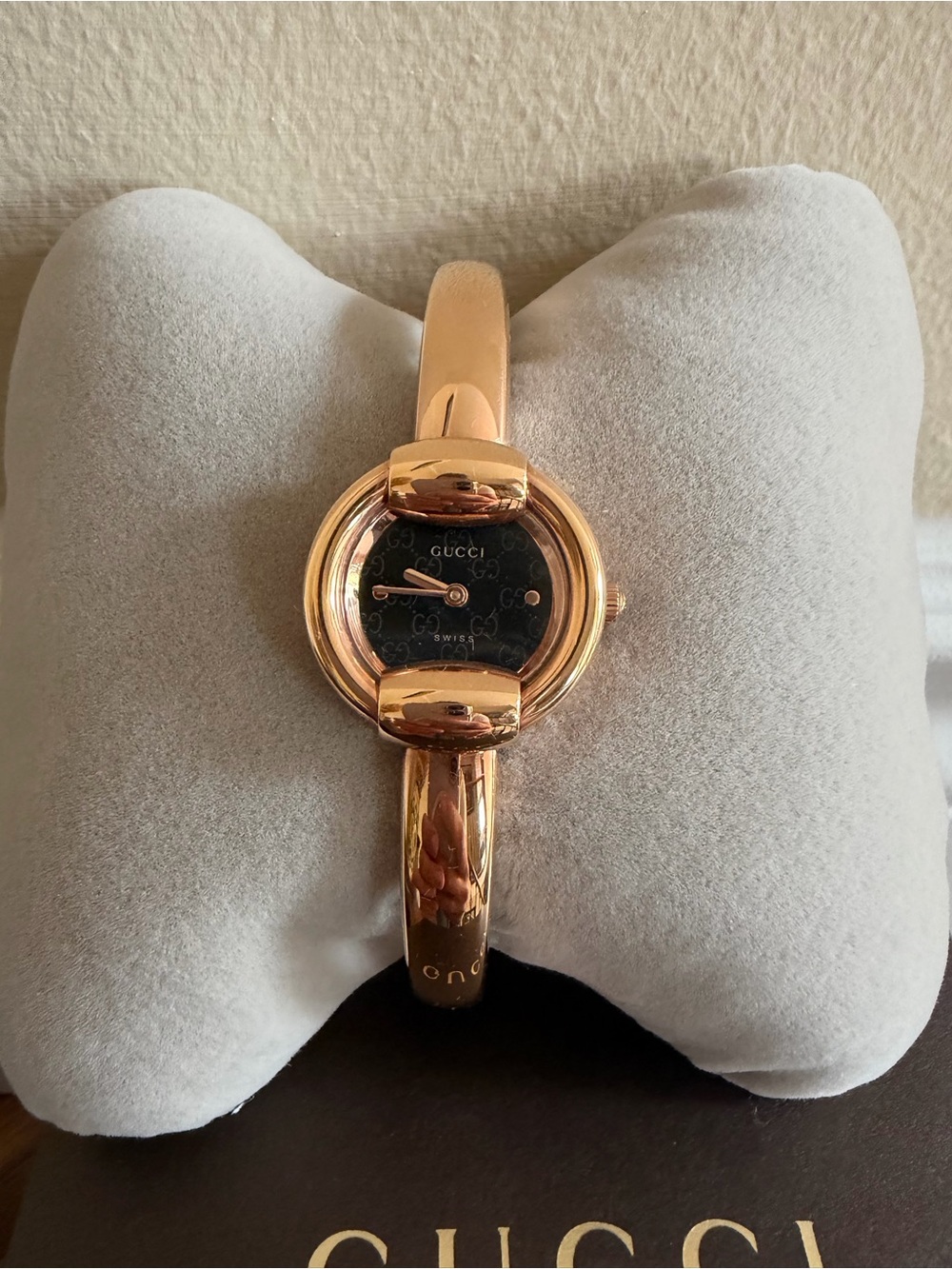 Gucci Rose Gold Bangle Watch with Black Logo Dial